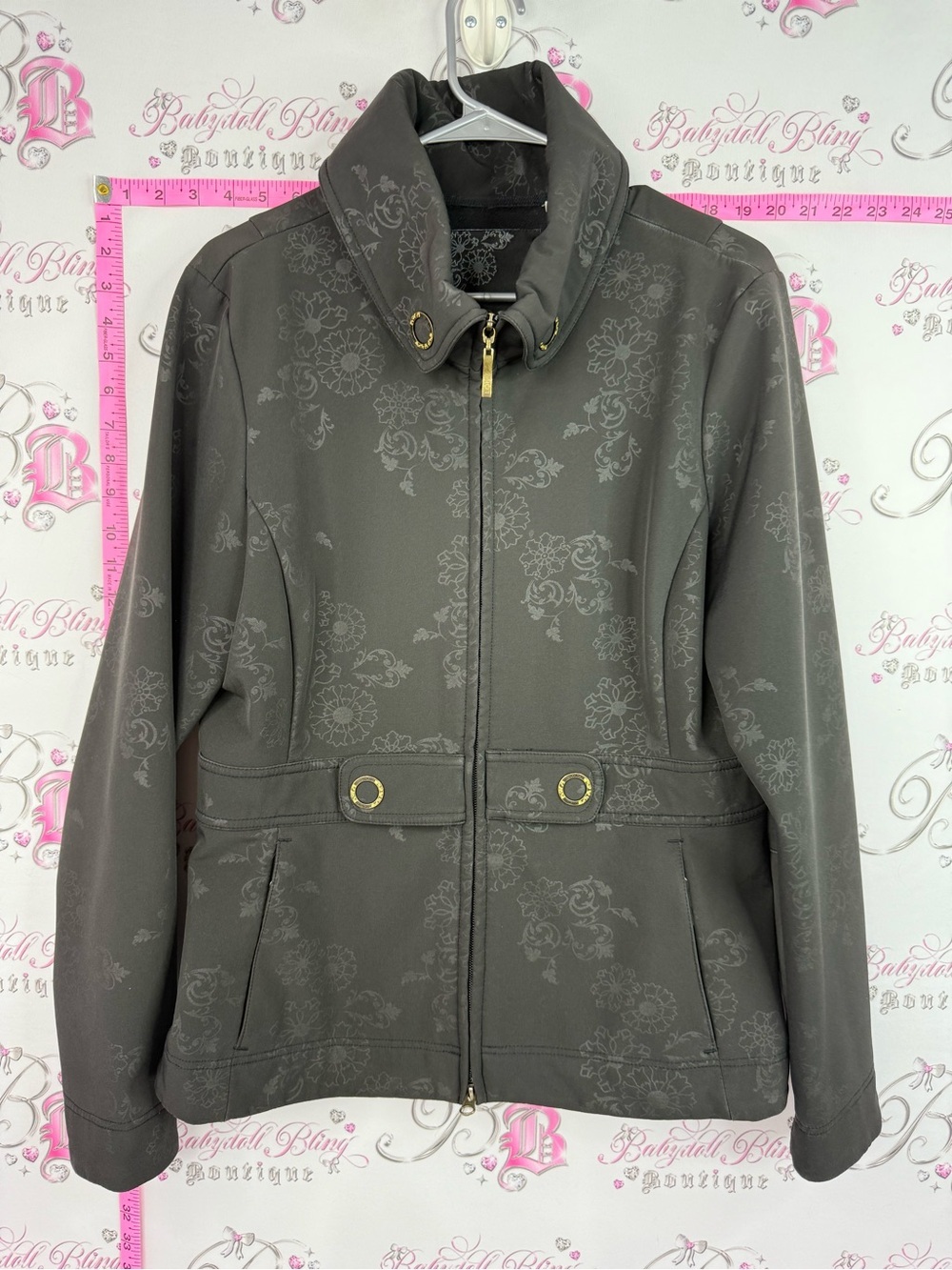 Lole jacket black Gray Floral-Print Zip Utility Jacket buttons gold waterproof